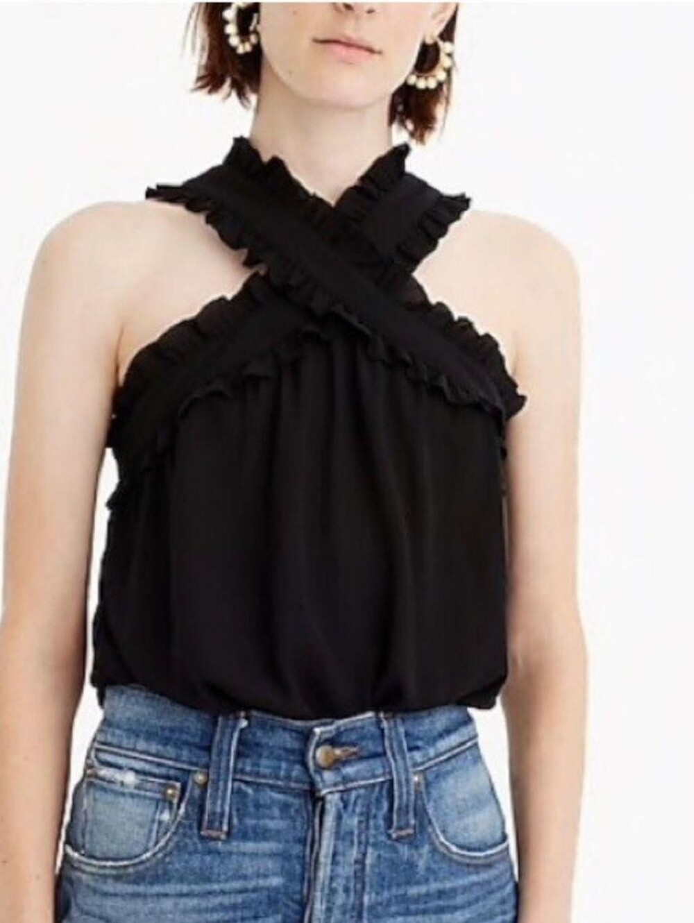 NWT J. Crew Black Ruffle Cross-Halter Women’s Top